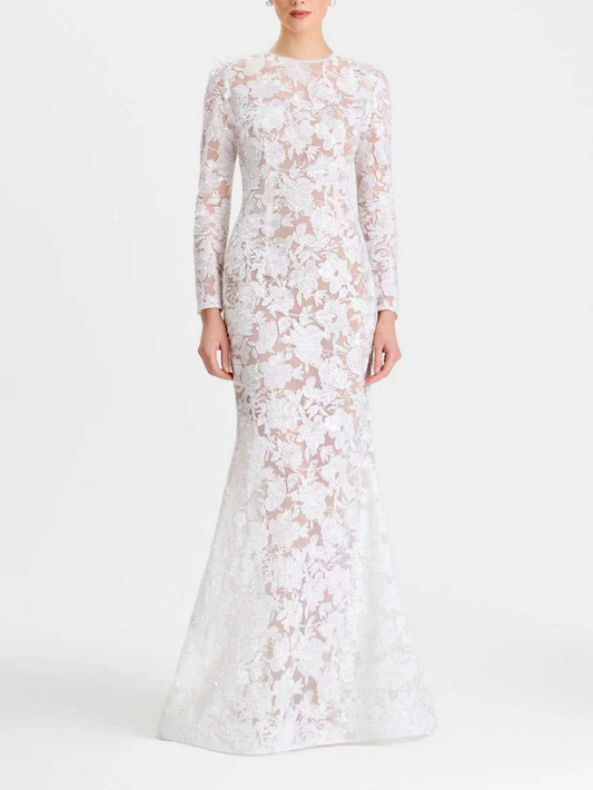 Sasha White Embroidered Mesh Bodycon Maxi Dress