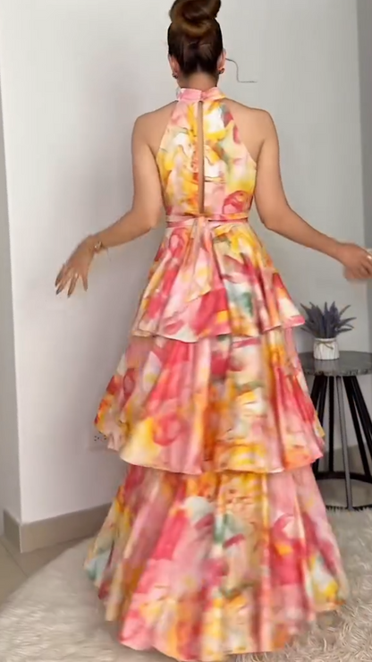 Watercolor Floral Halter Crop Top & Tiered Ruffle Maxi Skirt Set