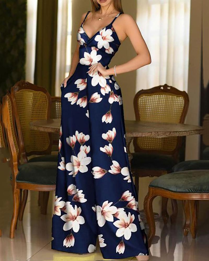 Deep V-Neck Suspender Printed Wide-Leg Jumpsuit