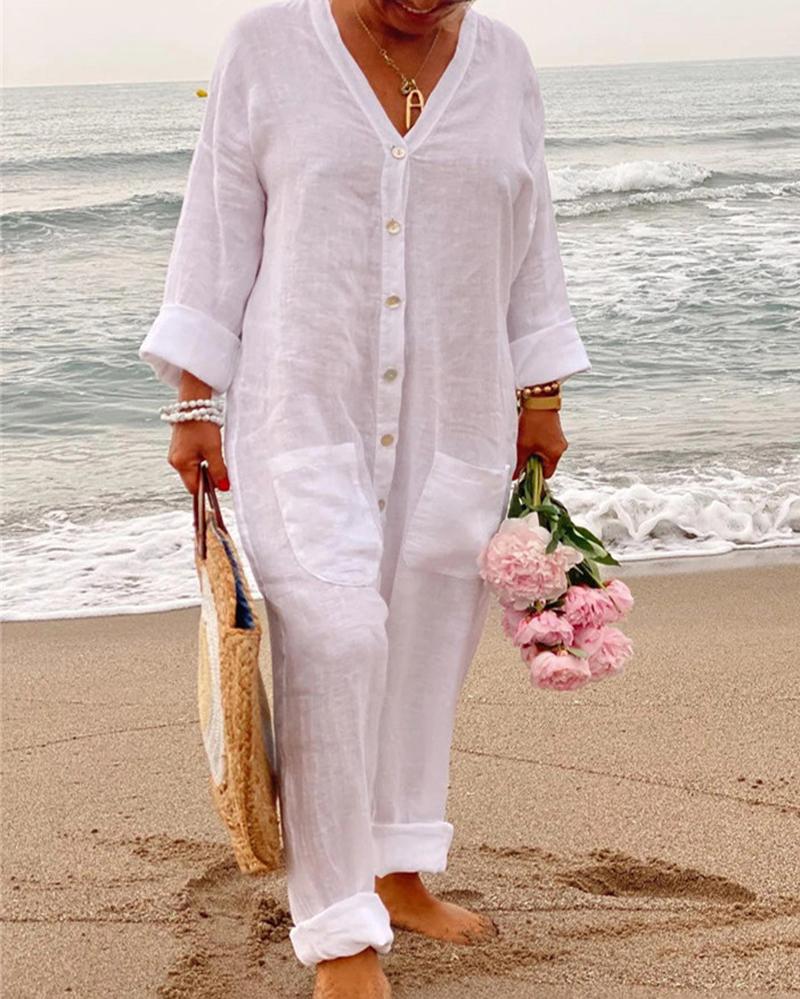 Solid Color Loose Long Sleeve Jumpsuit