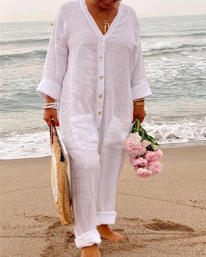 Solid Color Loose Long Sleeve Jumpsuit