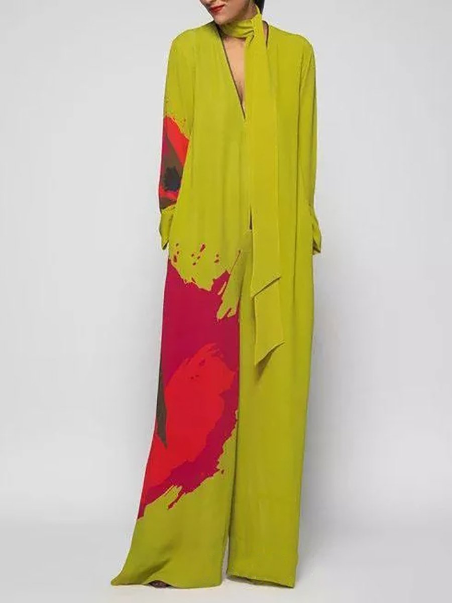 Elegant V-neck long-sleeved printed jumpsuit