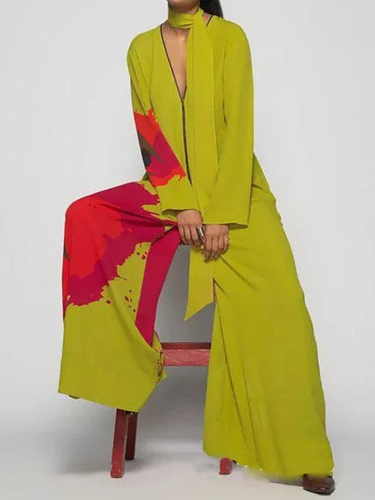 Elegant V-neck long-sleeved printed jumpsuit