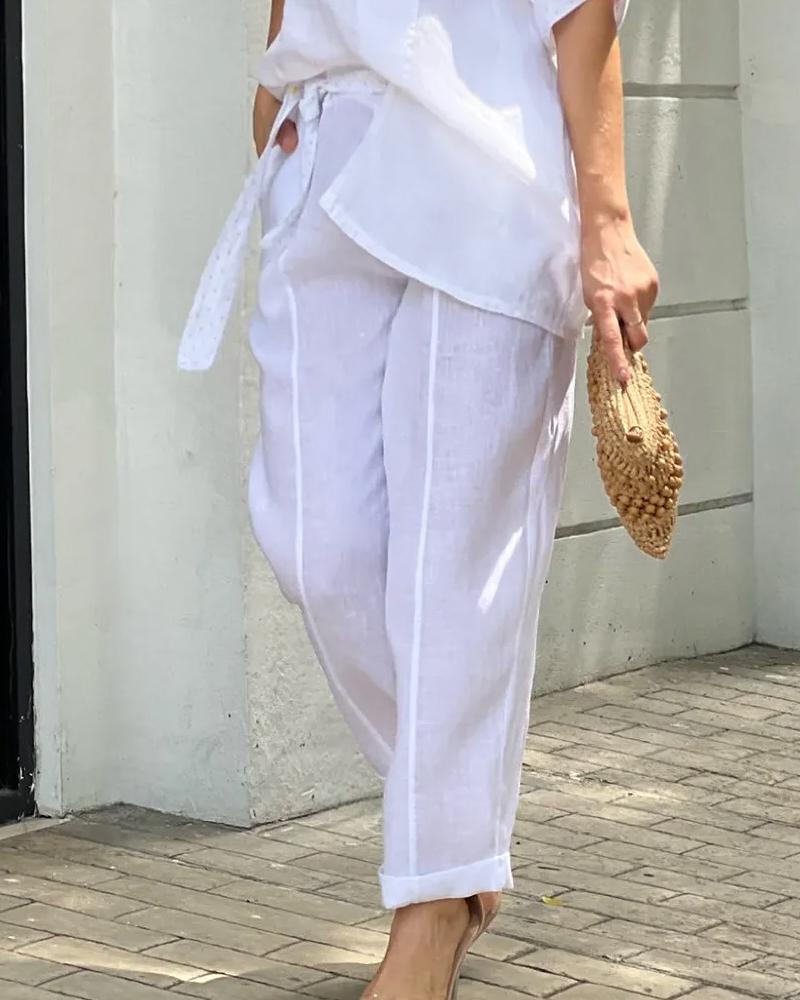 Cotton Linen Solid Color Casual Ladies Suit