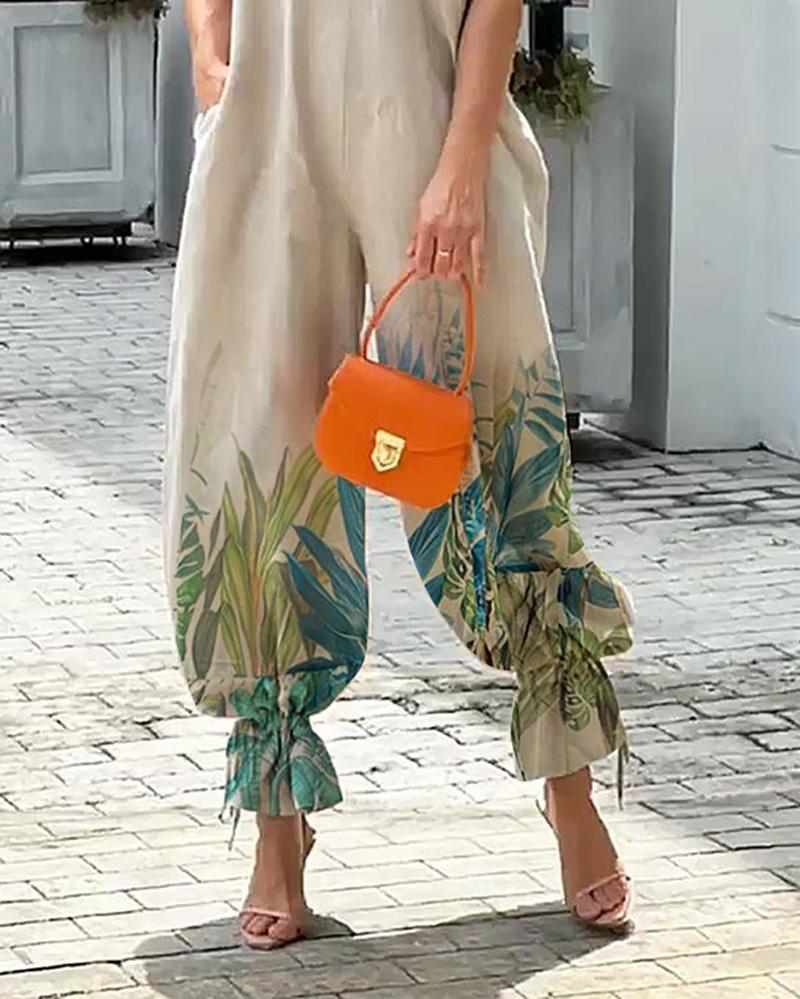 Casual V-Neck Sleeveless Print Jumpsuit