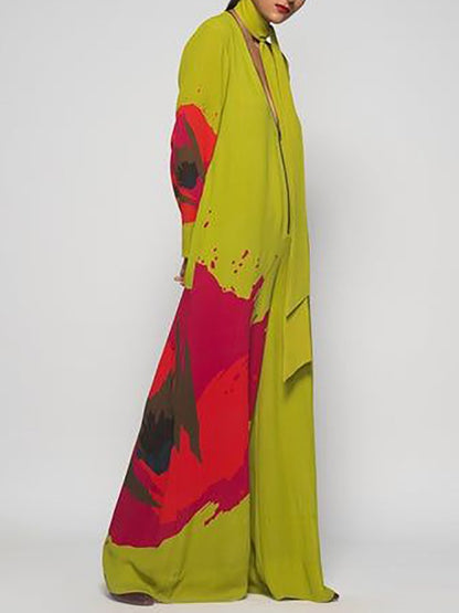 Elegant V-neck long-sleeved printed jumpsuit