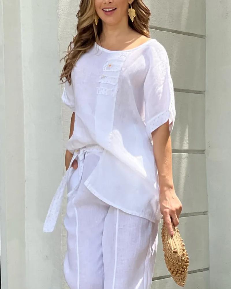 Cotton Linen Solid Color Casual Ladies Suit