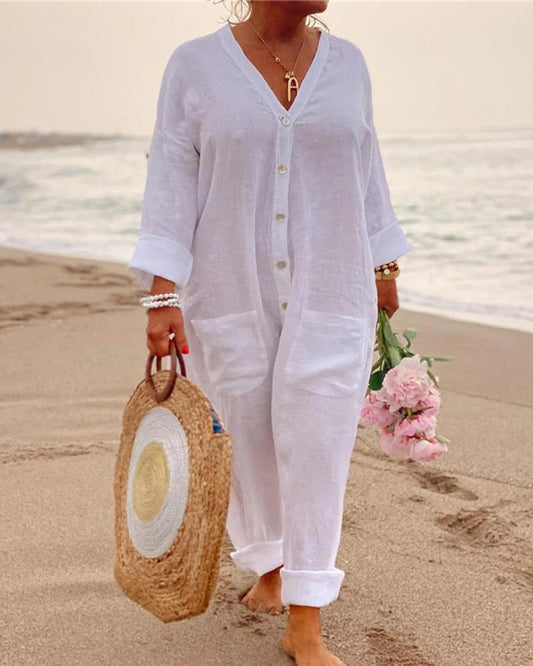 Solid Color Loose Long Sleeve Jumpsuit