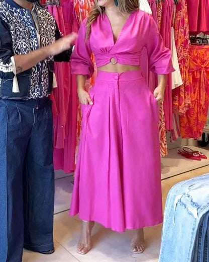 Elegante traje de dos piezas de color sólido 