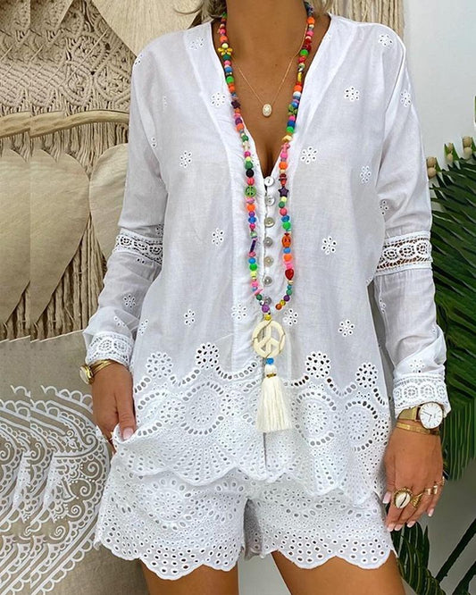 V-neck Shirt Shorts White Versatile Suit